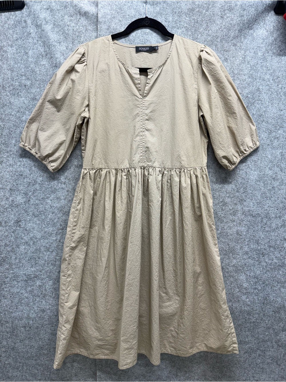 Soaked in Luxury Beige Puff-Sleeve Midi Dress - Womens S - Cottagecore Cotton